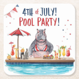 4th July Hippo Bikini in Pool Party  Underlägg Papper Kvadrat