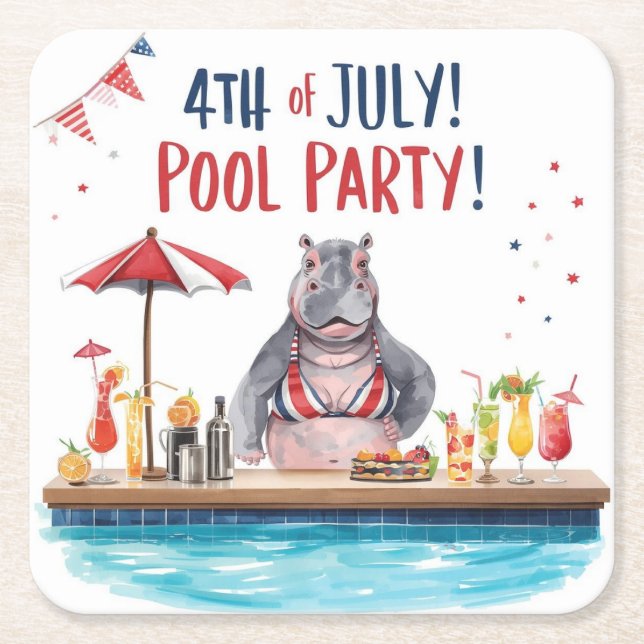 4th July Hippo Bikini in Pool Party  Underlägg Papper Kvadrat (Framsidan)