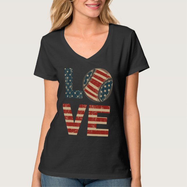 4th July Love Softball American Flag Teen Girl Mom T Shirt (Framsida)