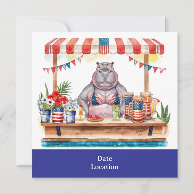 4th July Pool Party with Hippo in Bikini  Inbjudningar (Framsida)