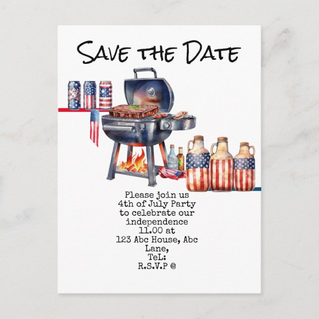  4th July Save the Date  Independence Day party   Vykort (Framsida)