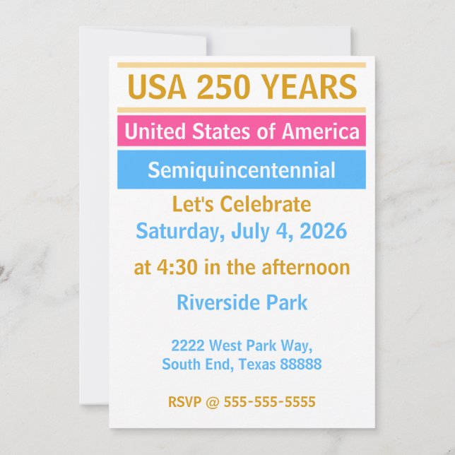 4th of July 2026 USA 250 Years Semiquincentennial  Inbjudningar (Baksida)
