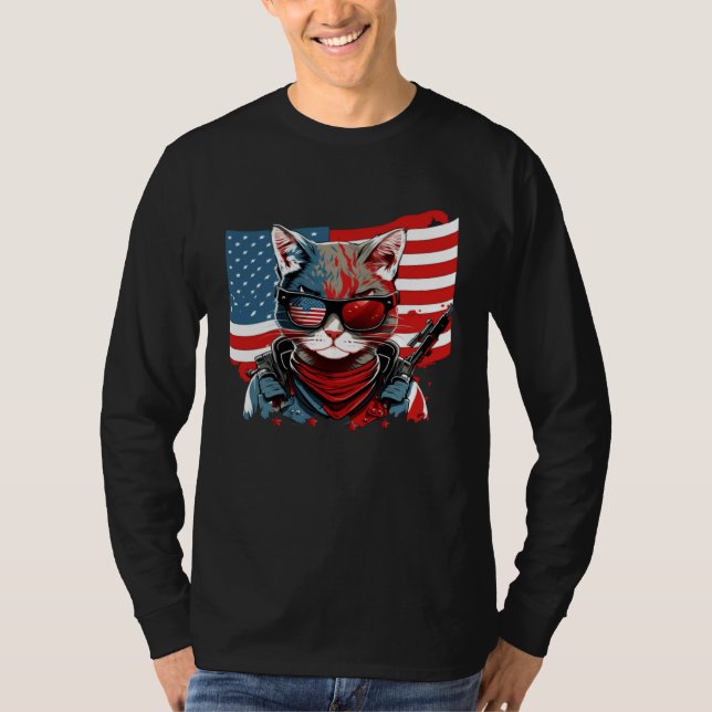 4th Of July American Flag Cat Military Kitten T Shirt (Framsida)