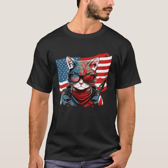 4th Of July American Flag Cat Military Kitten T Shirt (Framsida)