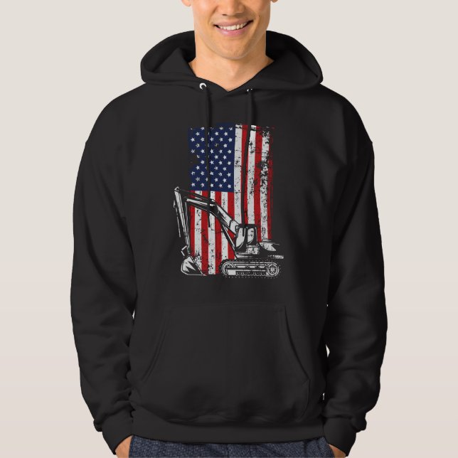 4th of July American Flag Construction Backhoe Exc Hoodie (Framsida)
