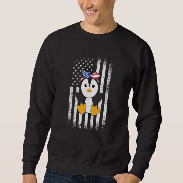 4th Of July American Penguin For Kids Cute Usa Pen Lång Ärmad Tröja (Framsida)