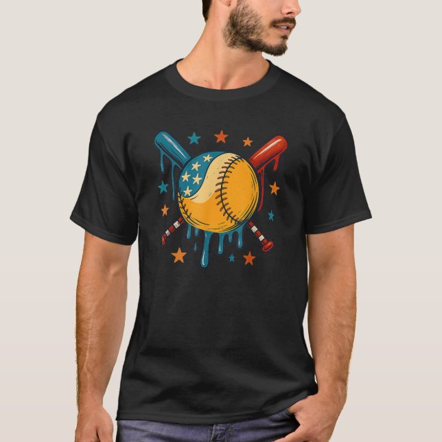 4th of July Baseball Drip Patriotic American Flag  T Shirt (Framsida)