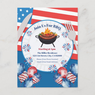 4th Of July BBQ Invitation, Party In USA Invite Helg Vykort