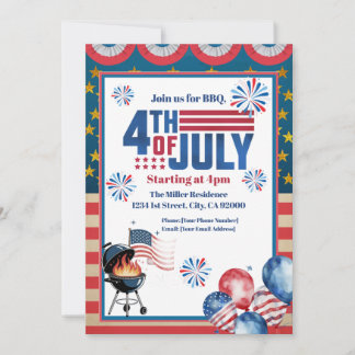 4th Of July BBQ Invitation, Party In USA Invite Tack Kort