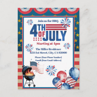 4th Of July BBQ Invitation, Party In USA Invite Vykort