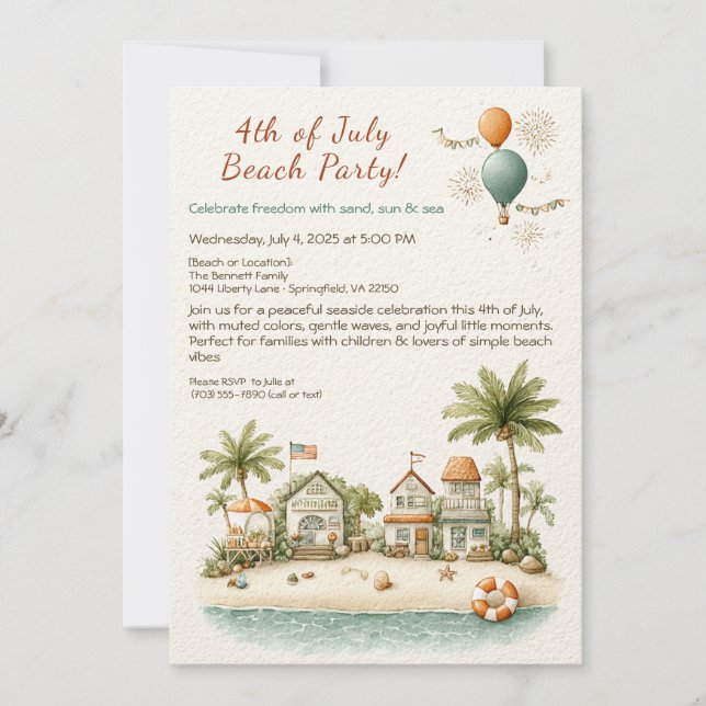4th of July Beach Party Invitation – Soft Line Art Inbjudningar (Framsida)