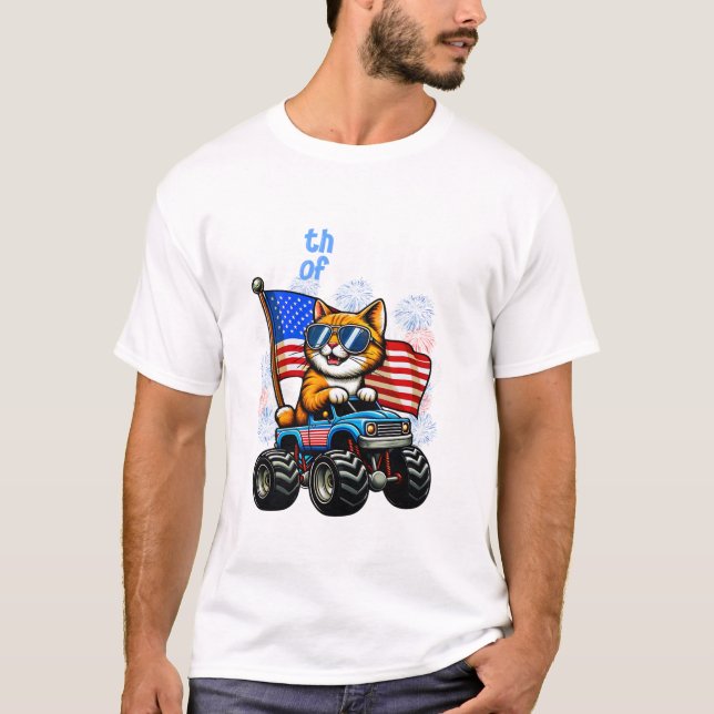 4th Of July Cat Riding Monster T Shirt (Framsida)
