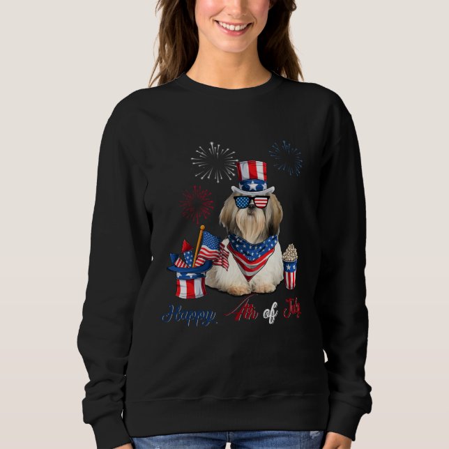 4th of July Cute American Flag  Shih Tzu Dog Firew T Shirt (Framsida)