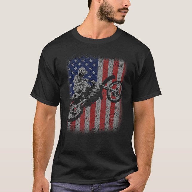 4th of July Dirt Bike Motocross American Flag MX T Shirt (Framsida)