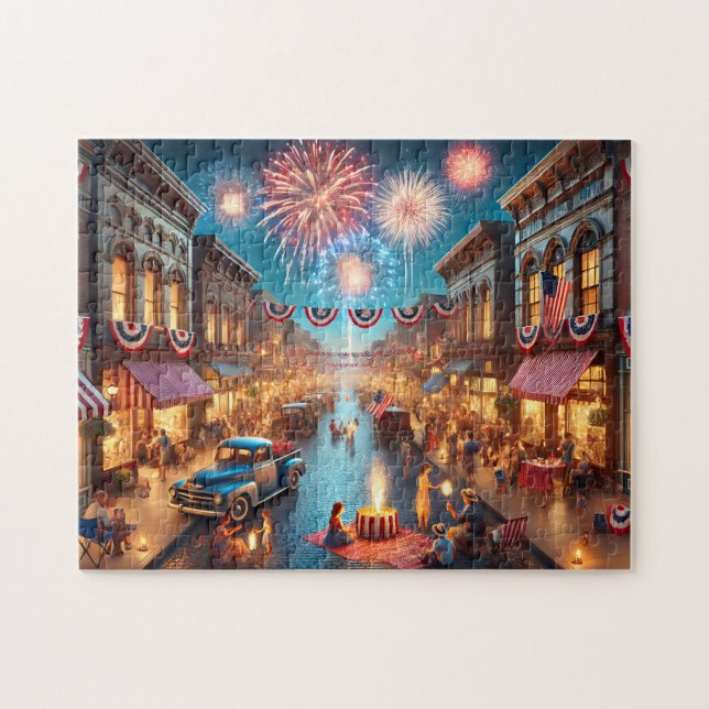 4th of July Fireworks Small Town Celebration Pussel (Horisontell)