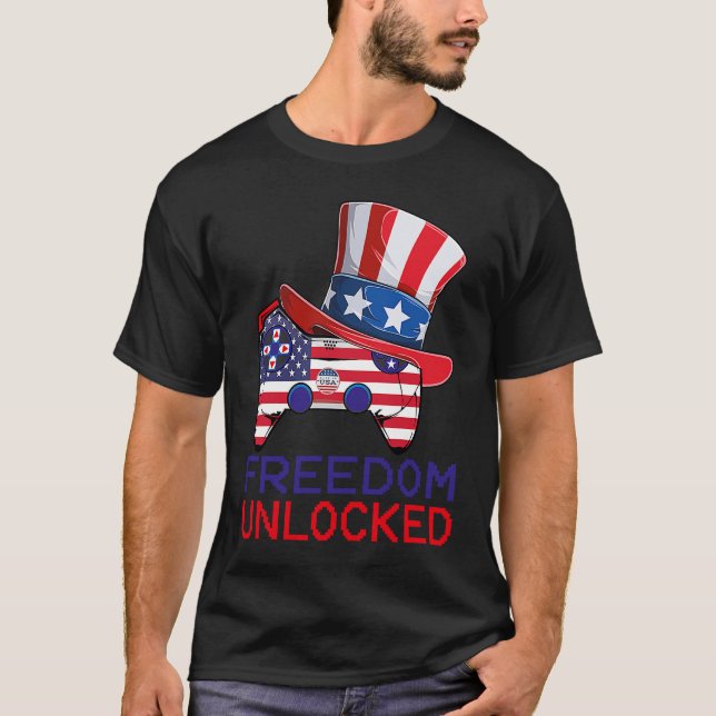 4th Of July Freedom Unlocked Video Game Gamer USA  T Shirt (Framsida)
