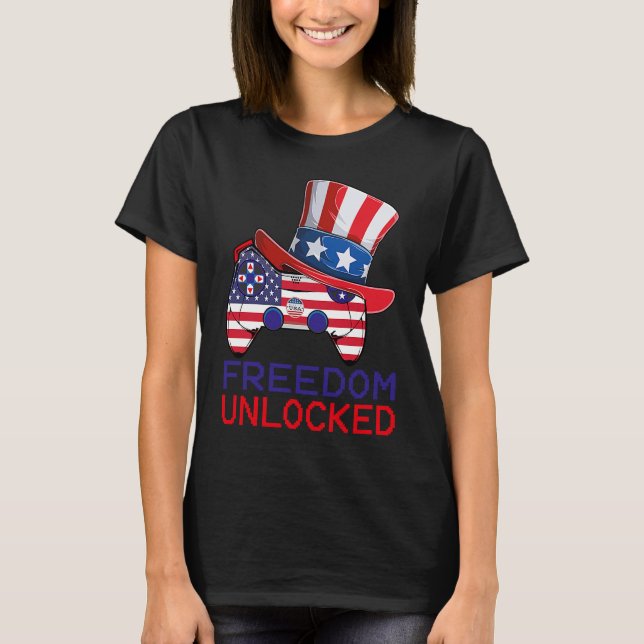 4th Of July Freedom Unlocked Video Game Gamer USA  T Shirt (Framsida)