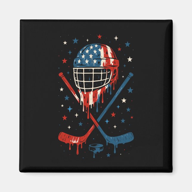 4th Of July Hockey Ice Cream Drip Helmet Sticks Us Magnet (Framsidan)