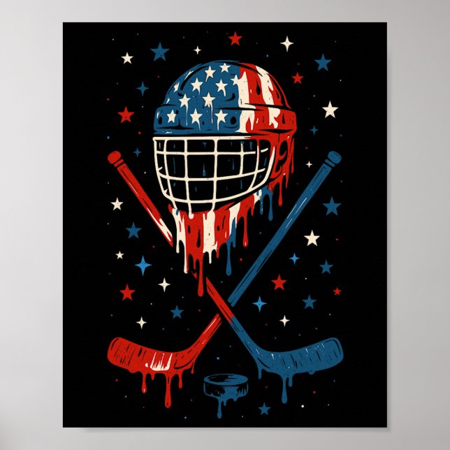 4th Of July Hockey Ice Cream Drip Helmet Sticks Us Poster (Framsidan)