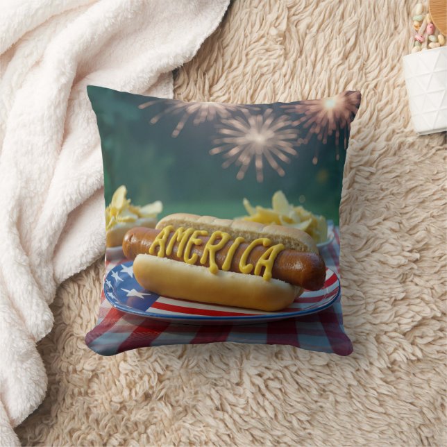 4th of July Hot Dog and Fireworks Kudde (Filt)