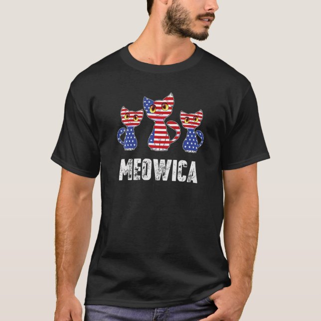 4th of July Meowica Kitty Cat USA America Flag Pat T Shirt (Framsida)
