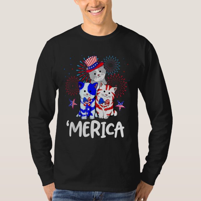 4th Of July Merica Cat Fireworks American Flag Men T Shirt (Framsida)