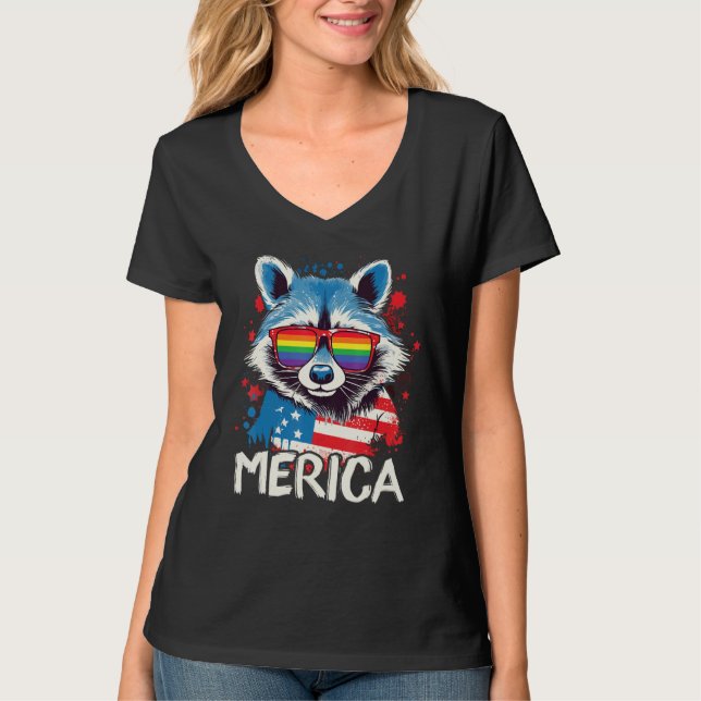 4th Of July Merica  Raccoon LGBT Pride Sunglasses  T Shirt (Framsida)