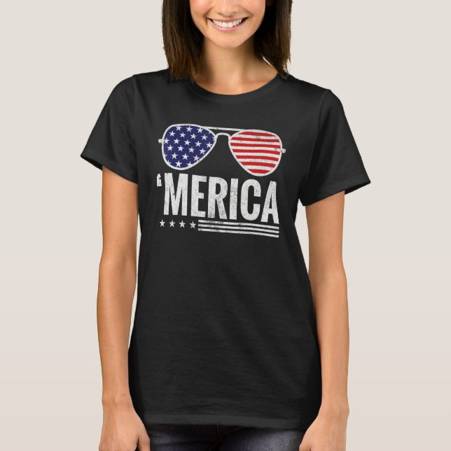 4th of July Merica USA Flag Sunglasses America Pat T Shirt (Framsida)