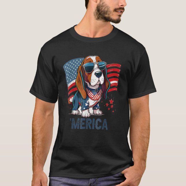 4th Of July Patriotic Basset Hound Dog Merica T Shirt (Framsida)