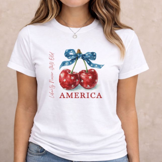 4th of July Patriotic Cherry T Shirt (patriotic women t-shirt with cherry and bow America design on neutral background)