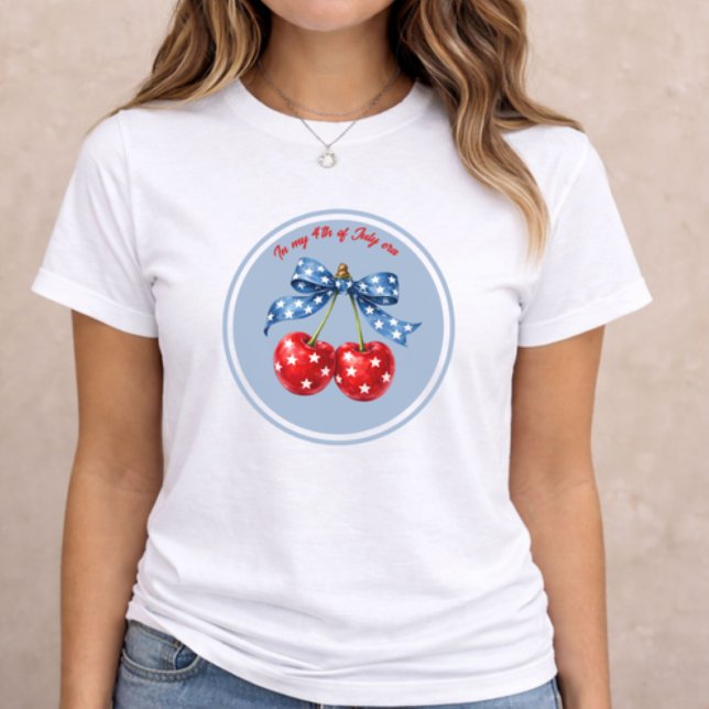 4th of July Patriotic Cherry T Shirt (patriotic women t-shirt with cherry bow 4th of July design on neutral background)