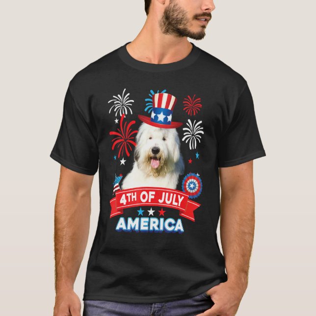 4th Of July Patriotic Day Old English Sheepdog Dog T Shirt (Framsida)