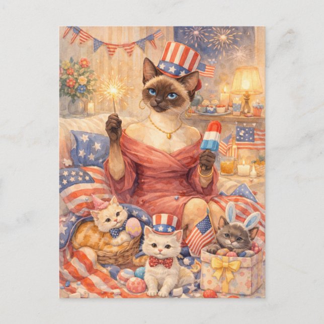 4th of July Pool Diva Cat Postcard Helg Vykort (Framsida)