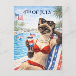 4th of July Pool Diva Cat Postcard Helg Vykort