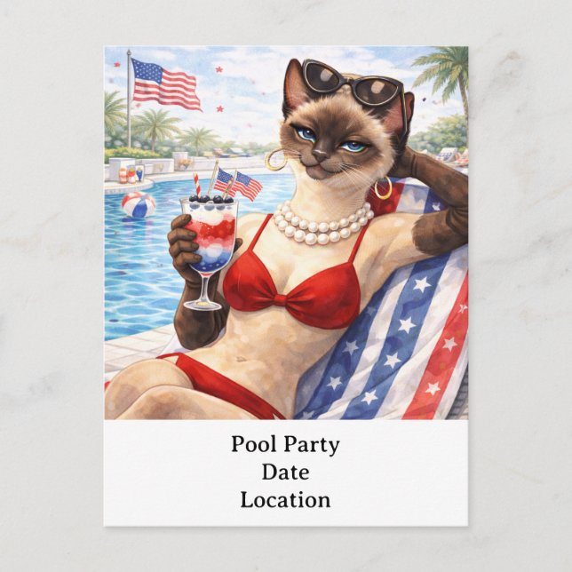 4th of July Pool Diva Cat Postcard Helg Vykort (Framsida)
