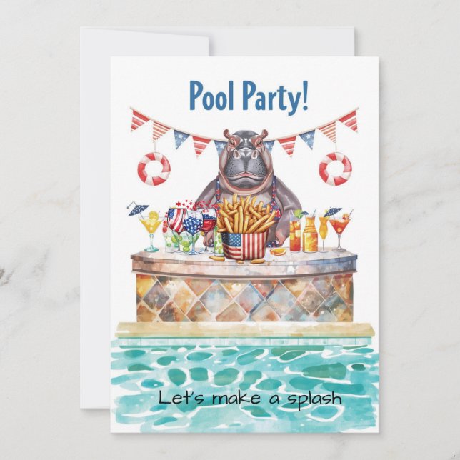 4th of July Pool Party with Hippo  Inbjudningar (Framsida)