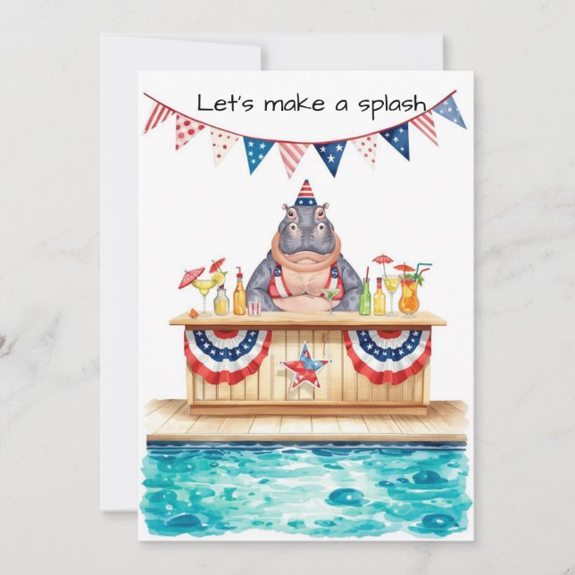 4th of July Pool Party with Hippo  Inbjudningar (Framsida)