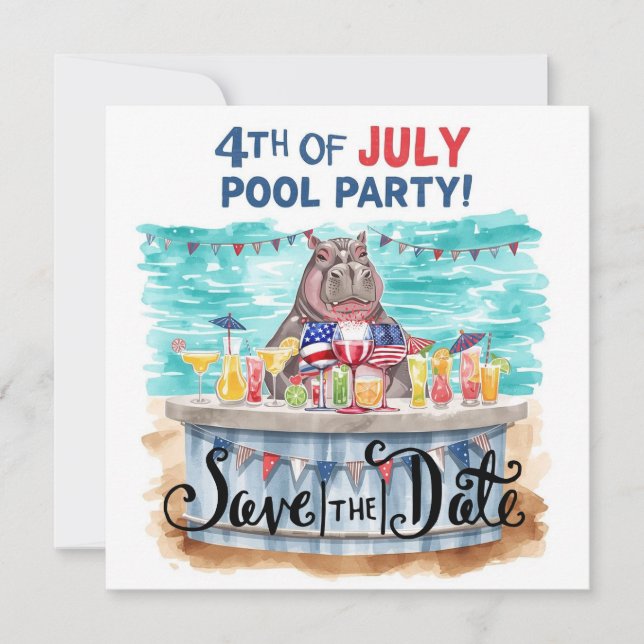 4th of July Pool Party with Hippo  Spara Datumet (Framsida)