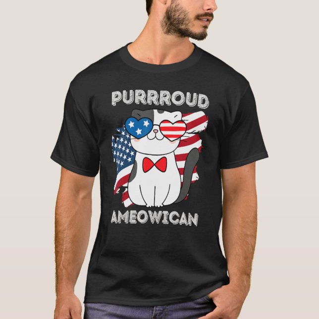 4th Of July Proud Patriotic Cat Usa Flag T Shirt (Framsida)