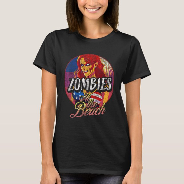 4th of July Retro Undead Horror  Zombies at the Be T Shirt (Framsida)