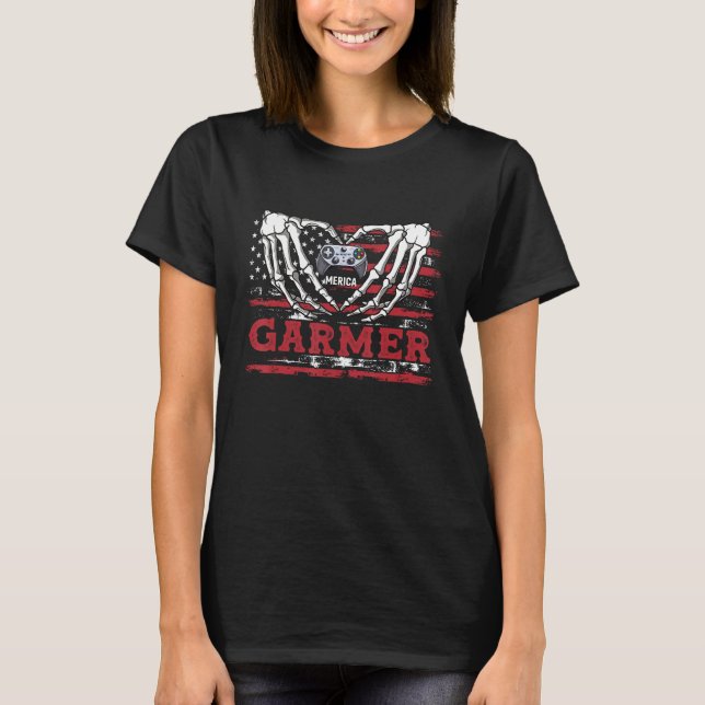 4th Of July Skeleton Video Game Gamer American Fla T Shirt (Framsida)