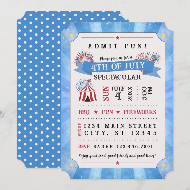 4th Of July Spectacular Ticket Invitation (Blue) Inbjudningar (Fram/baksida)