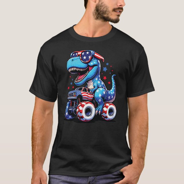 4th Of July T Rex Dino Trex Dinosaur Monster Truck T Shirt (Framsida)