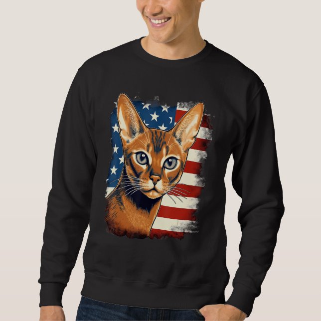 4th Of July US Flag Abyssinian Cat 1 Lång Ärmad Tröja (Framsida)