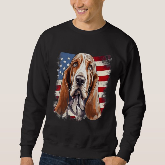 4th Of July US Flag Basset Hound Dog Lång Ärmad Tröja (Framsida)