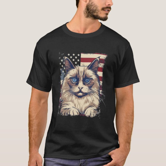 4th Of July US Flag Birman Cat T Shirt (Framsida)