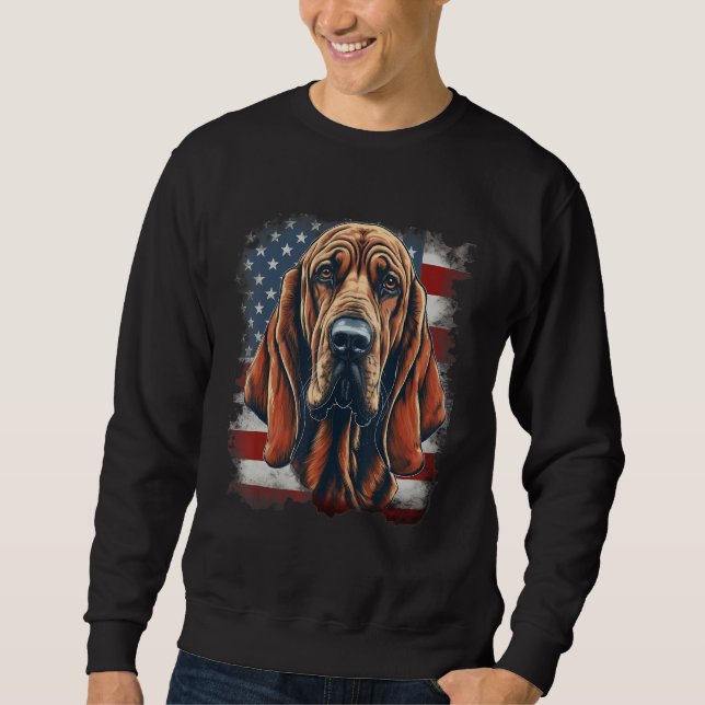4th Of July US Flag Bloodhound Dog Lång Ärmad Tröja (Framsida)