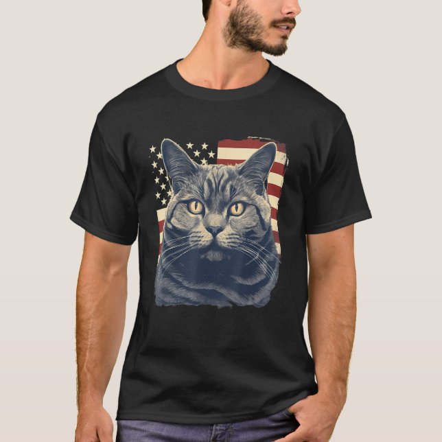 4th Of July US Flag Chartreux Cat T Shirt (Framsida)