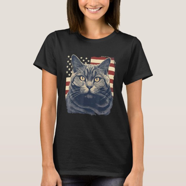 4th Of July US Flag Chartreux Cat T Shirt (Framsida)