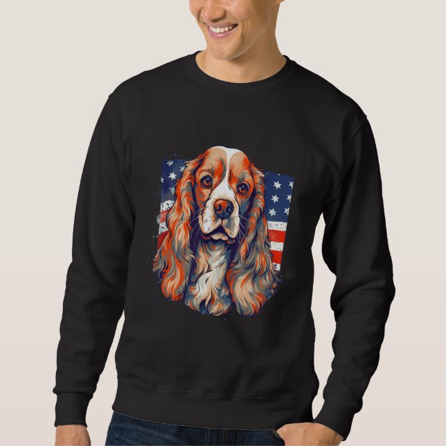 4th Of July US Flag Cocker Spaniel Dog Lång Ärmad Tröja (Framsida)